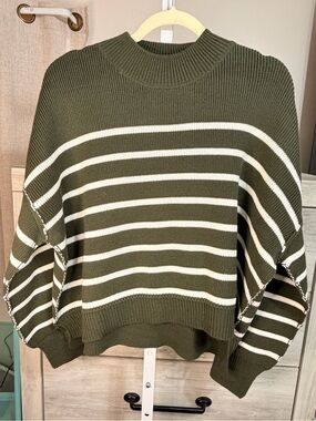 Zenana Olive Green Striped Knit Sweater